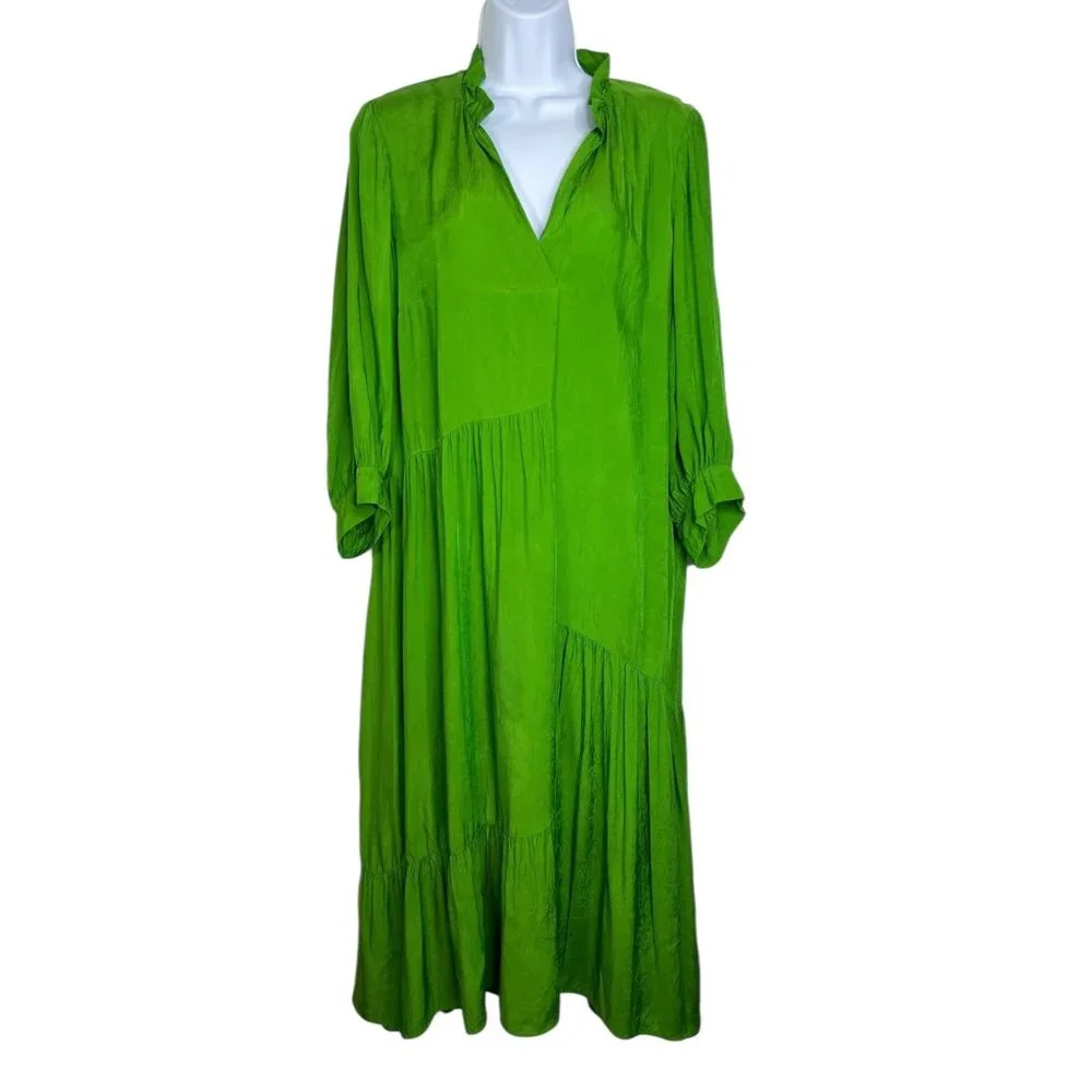 Toast Tiered Crinkle Twill Dress Spruce Green Midi Asymmetric Oversized Medium - Picture 6 of 14